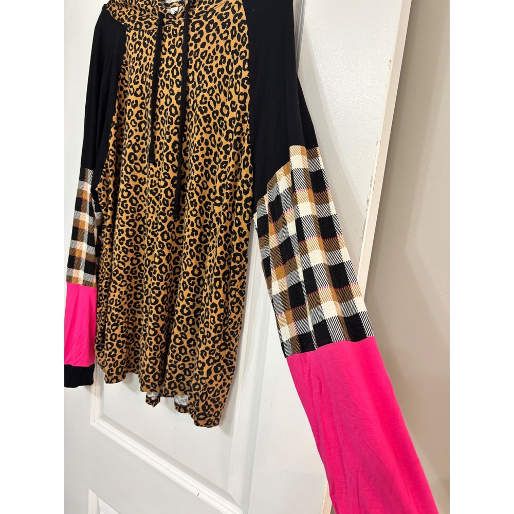 Cato Womens XL Leopard Print Colorblock Hoodie Plaid Neon Pink Mixed Media Top - Picture 2 of 7